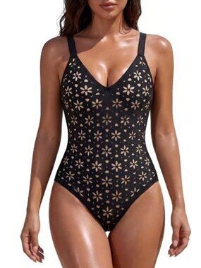 Womens One Piece Floral Swimsuit V Neck Bathing Suit with Adjustable Straps